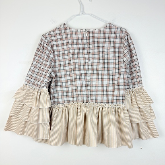 English Factory Plaid Ruffle Sleeve Peplum Blouse Cottagecore Preppy - Picture 2 of 7